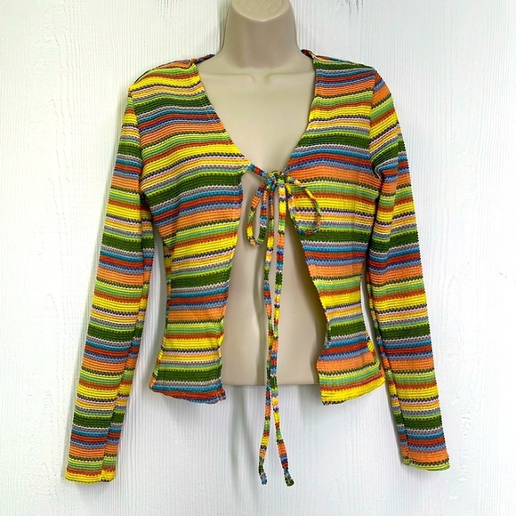 EARTHBOUND Sweaters - Earthbound - Rainbow Stripes Tie Open Front Long Sleeve Cardigan Size Small